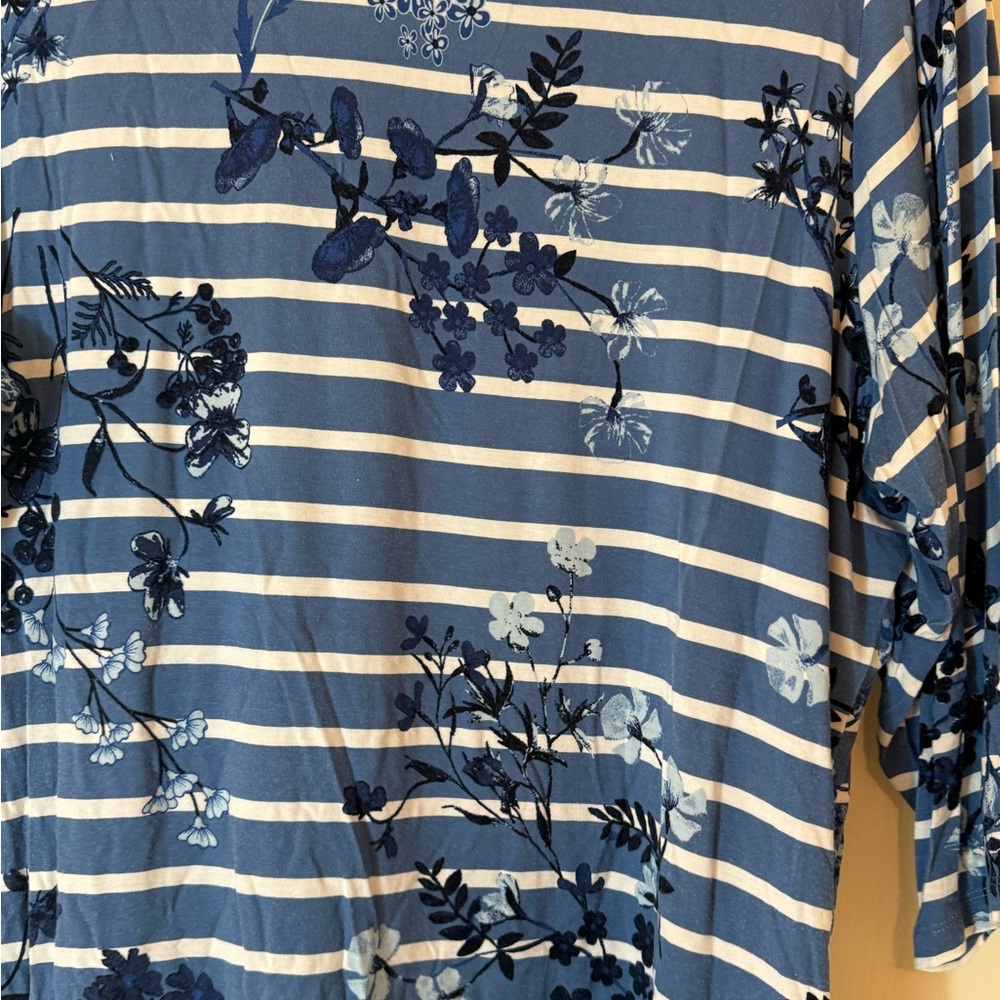 CJ Banks Blue and White Floral Striped Blouse